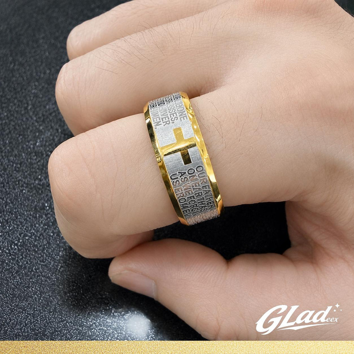 GLADEEX 14K Gold-Plated Lord’s Prayer Ring for Men & Women, Titanium Steel Cross Scripture Ring, Waterproof & Scratch-Resistant Christian Faith Jewelry - ewoptyappy