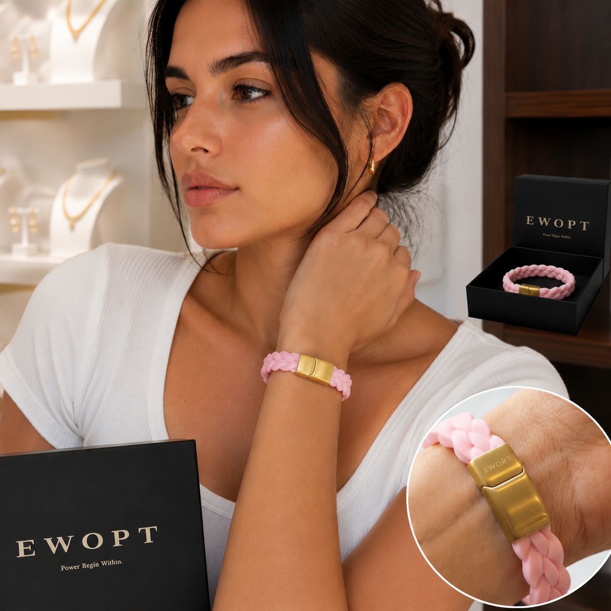 Woman wearing a pink silicone bracelet with a 14K gold plated clasp beside gift packaging