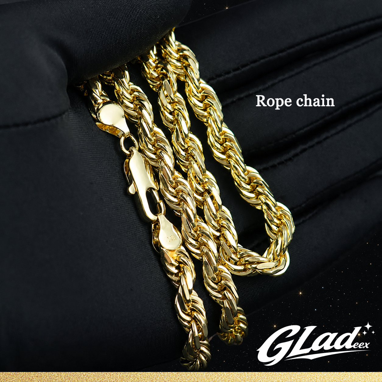 Multiple 14K gold plated rope chain widths shown together on black fabric