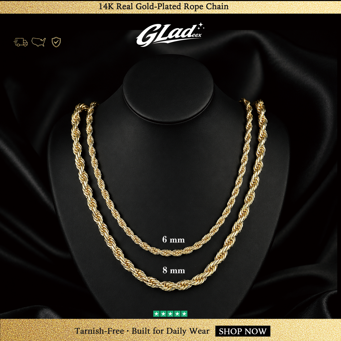 6mm and 8mm 14K gold plated rope chains displayed on a black necklace stand