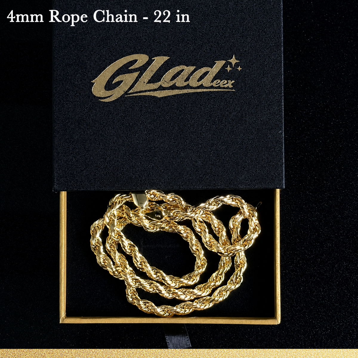 4mm 22-inch 14K gold plated rope chain displayed in a GLADEEX gift box