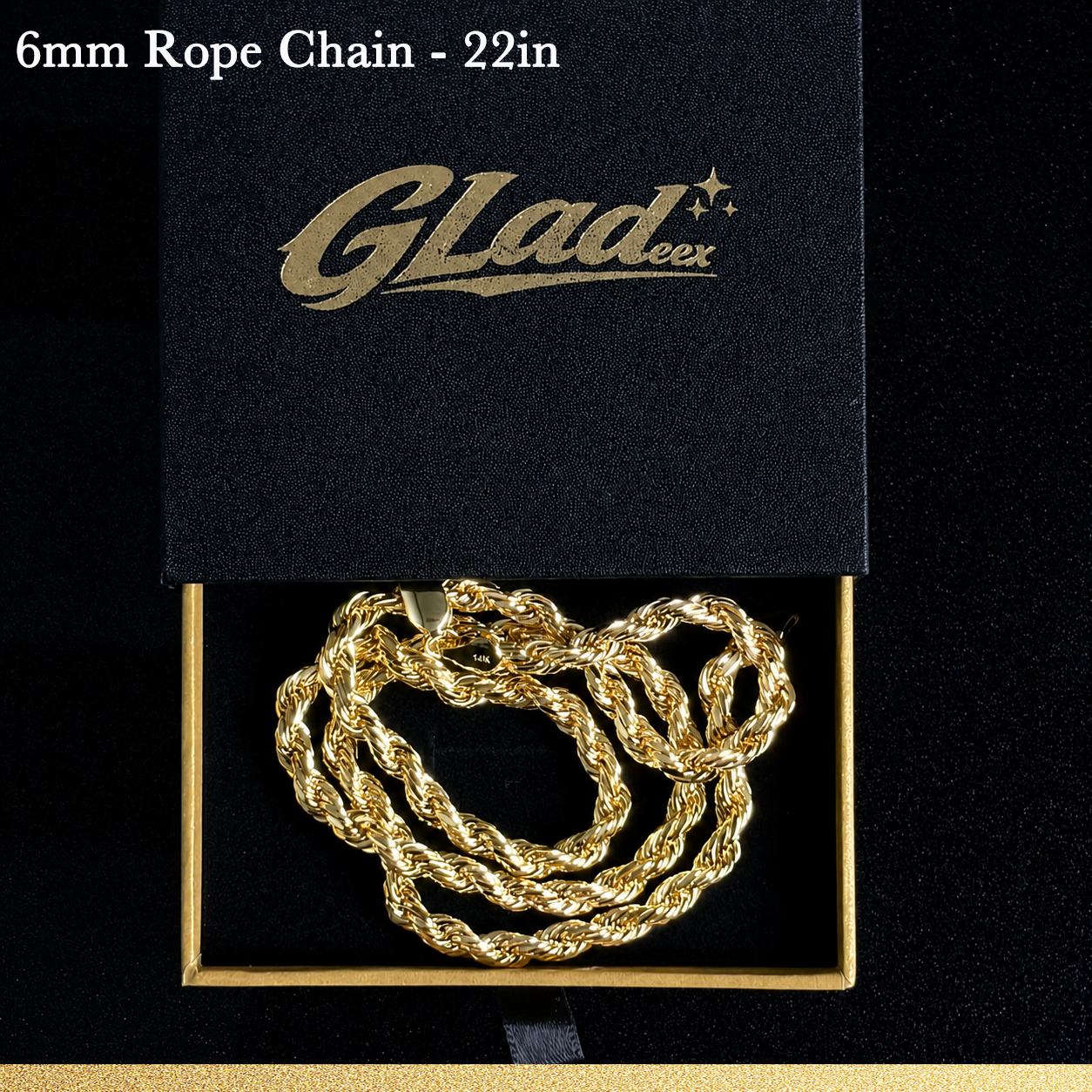 6mm 22-inch 14K gold plated rope chain displayed in a GLADEEX gift box