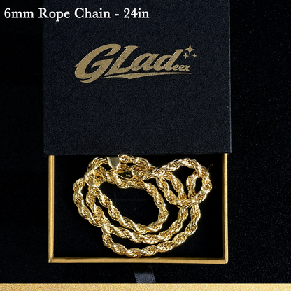 6mm 24-inch 14K gold plated rope chain displayed in a GLADEEX gift box